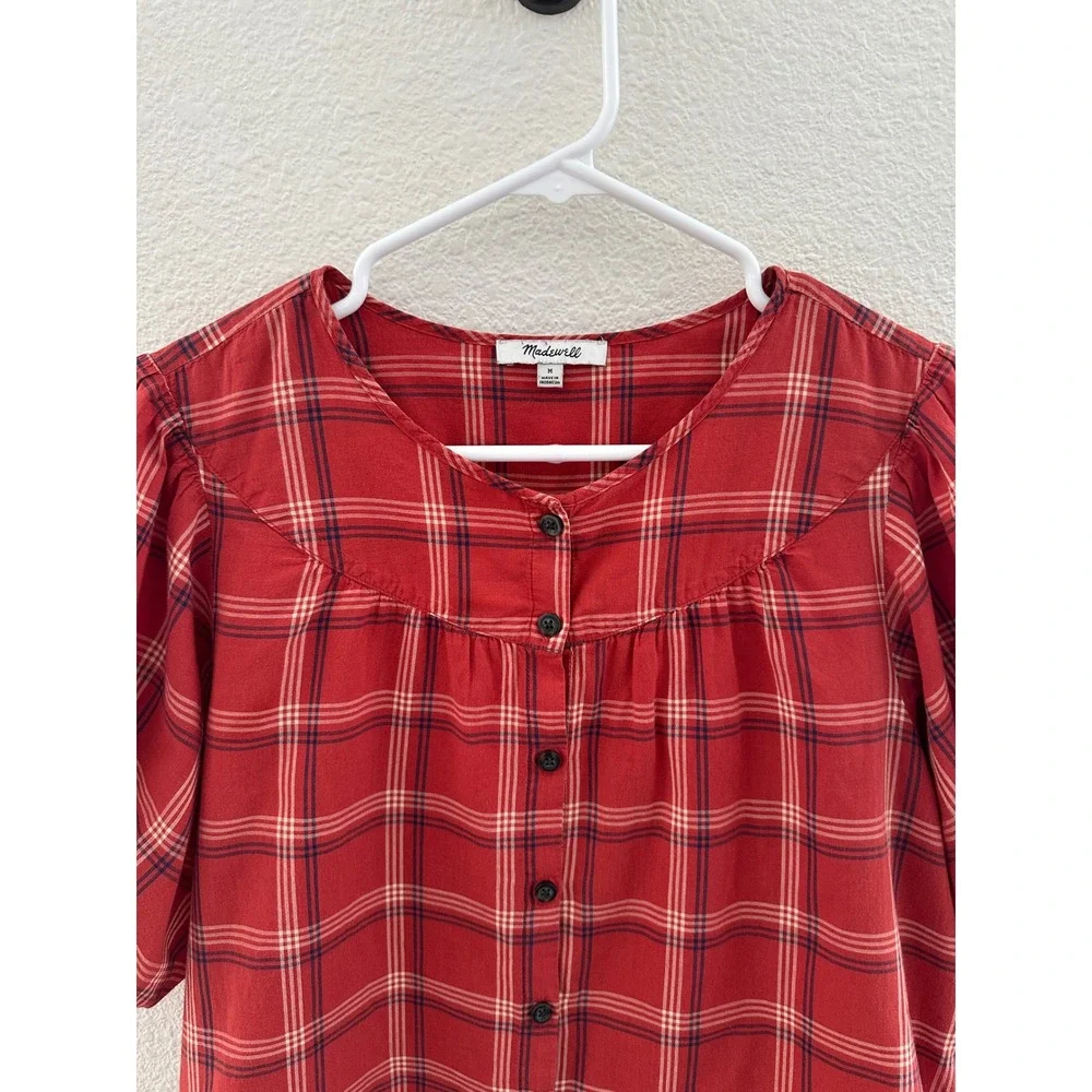 Madewell Plaid Button Front Top Red Puff Sleeve Cotton Blouse Coquette Medium